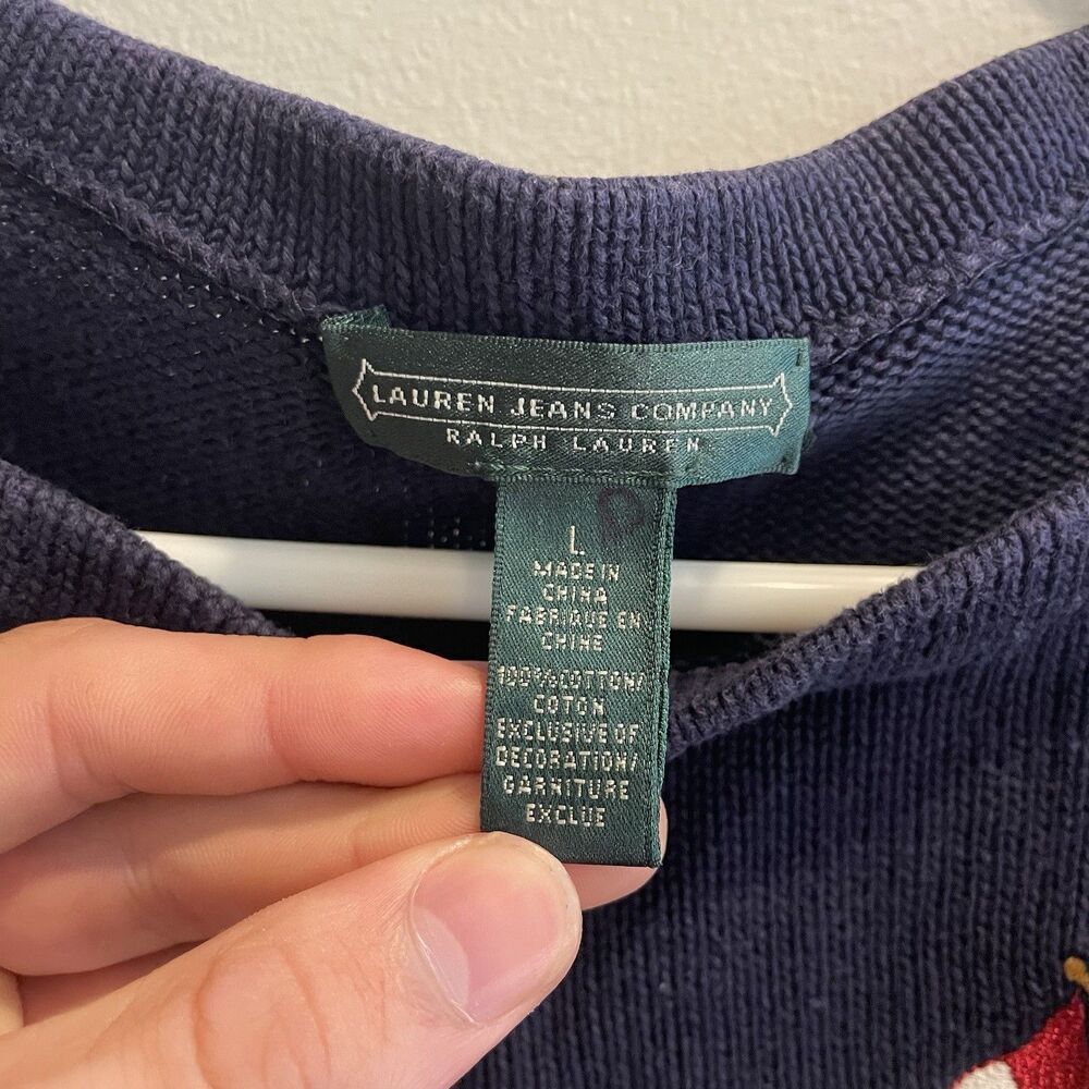 Vtg Ralph Lauren Nautical Green Sweater L Blue Stripe Embroider Preppy Fisherman - Picture 7 of 9